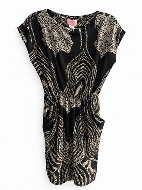 SheScool Black & Tan Printed Dress • Ruched Waist • Stretch • Size M